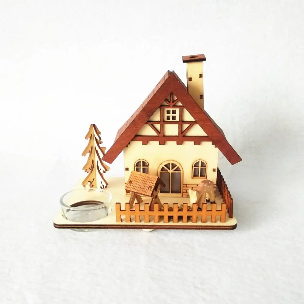 Natural wooden led light Christmas smoker house decoration with tealight holder