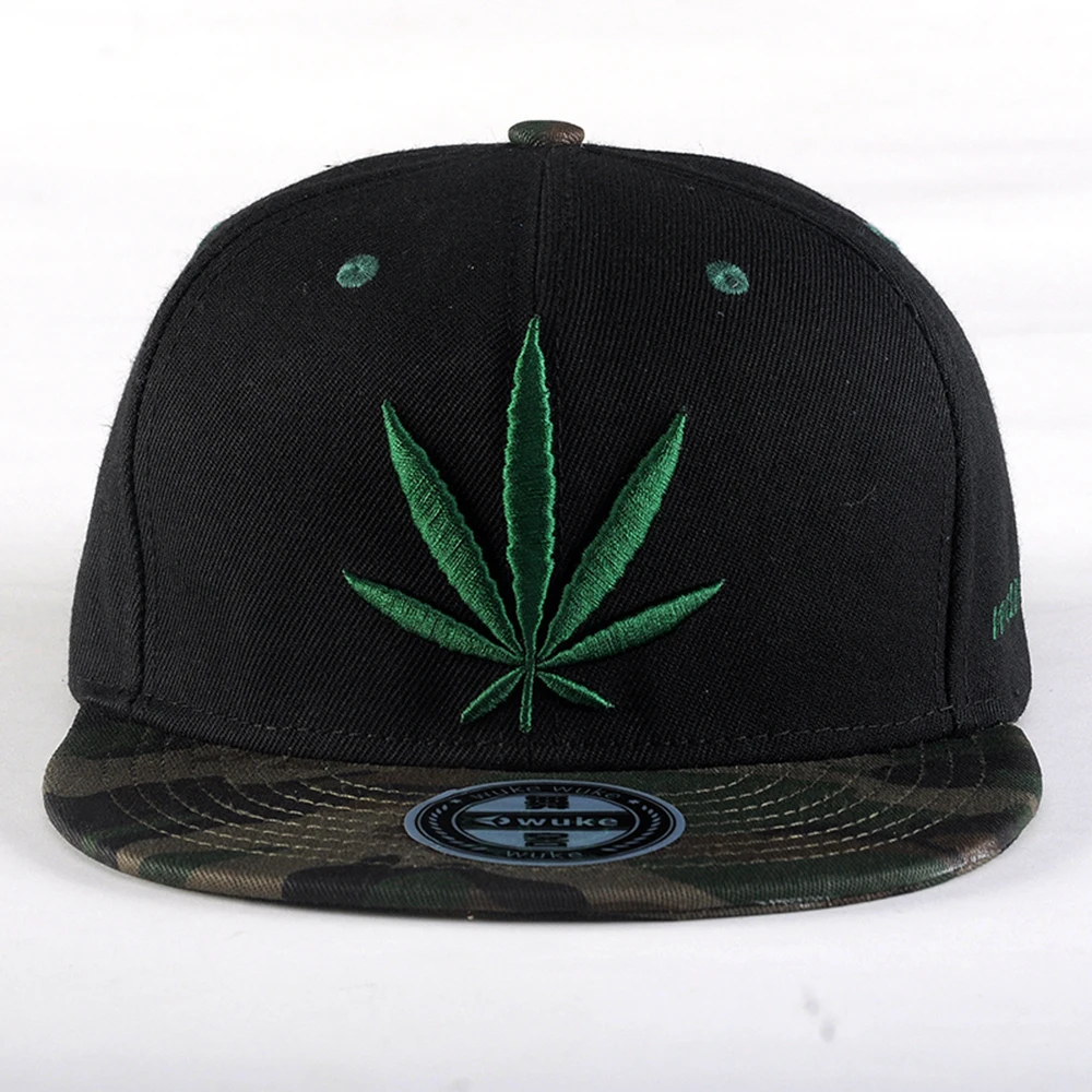 Professional Caps Manufacturer Leaf Weed Embroidered Logo Custom Flat Brim Snapback Cap Hat