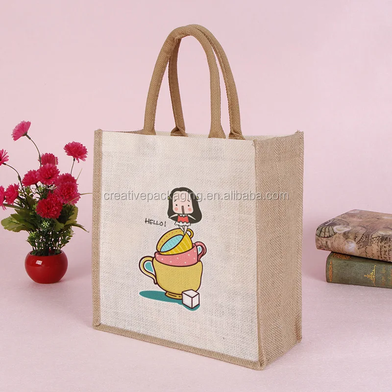 Full colors printed organic small jute tote bag for new type of custom printed with rope bag handles