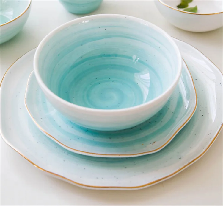 New design kitchen plate gold rim spiral crockery ceramic dinnerware set for banquet