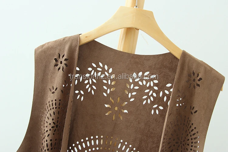
women fashion laser engraving fake suede vest with fringes at bottom 