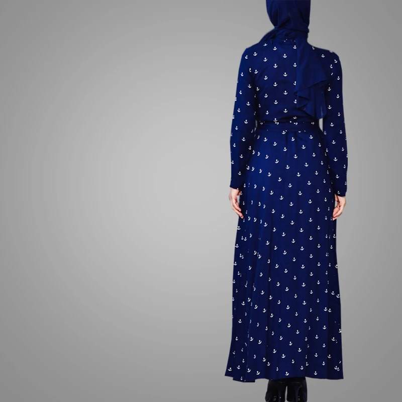New Arrival Beautiful Printing Dress Navy Blue Turkish Abaya Muslim Dress Ladies Modern Islamic Clothing