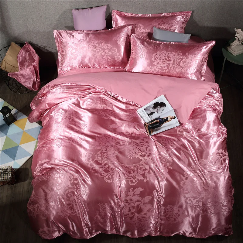 
Home Textile Wholesale Home Textile Satin Jacquard 100% Polyester Silk Plain Quilt Bedding Sheet Set 
