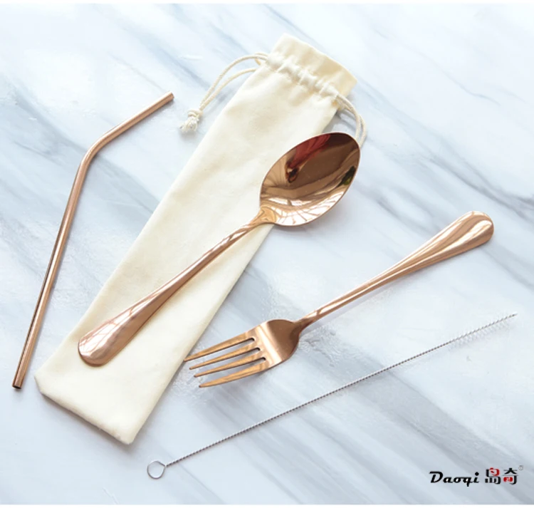 Customized logo dinnerware cutlery set modern design simple plain food safe travel cutlery set with pouch