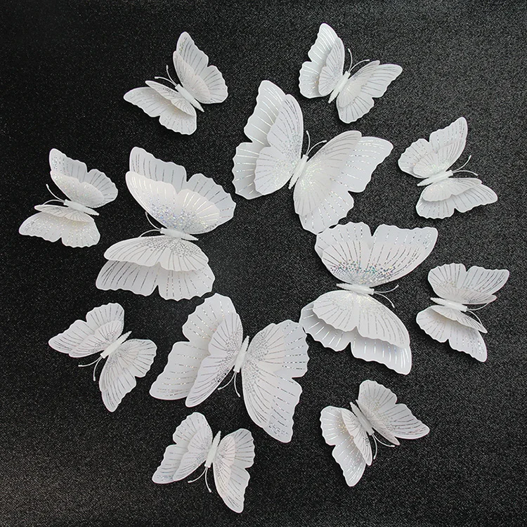 Realistic PVC 12 Pieces double wings 3d butterfly stickers for home decoration and wedding decoration