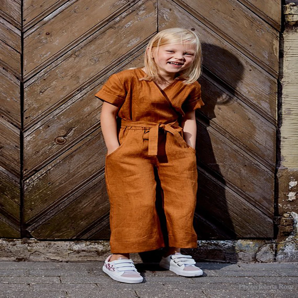 
Wholesale Baby Girls Linen Cotton Clothing Long legging Loose Casual Overalls Short Sleeve Kids Girls Jumpsuit 