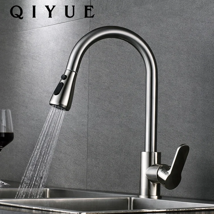 Deck mounted single handle brushed nickel finish pull out spout brass kitchen sink faucet taps
