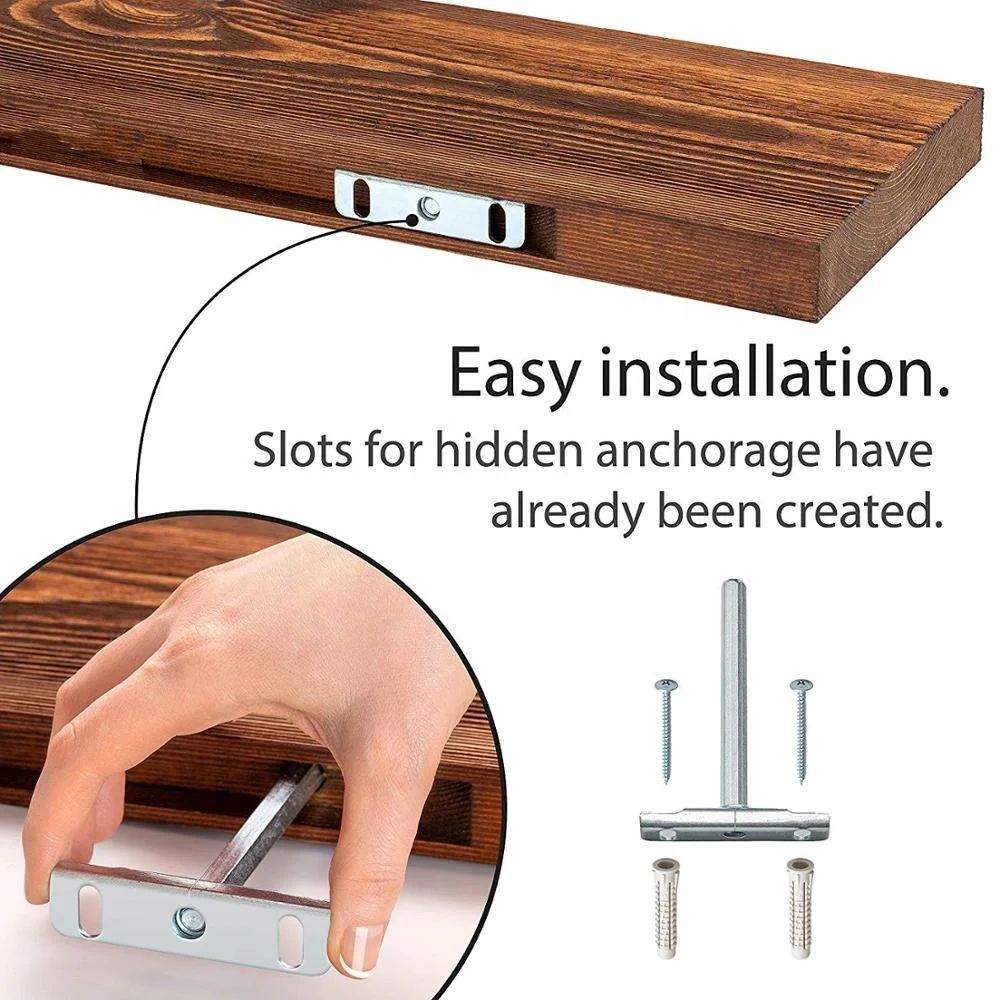 Set of 2 with hidden invisible T-shaped Brackets Rustic Russian Pine Wood Wall Decor Wooden  Floating Shelves