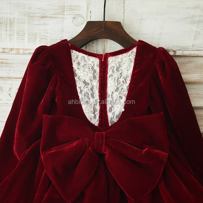 Long Sleeves Burgundy Red Velvet Champagne Tulle Lace Wedding Flower Girl Dress Princess Christmas Party Dress