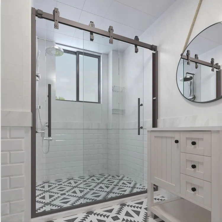 American Style Frameless Glass Sliding Shower Cabin Barn Door with Carbon Steel Hardware Track Kit