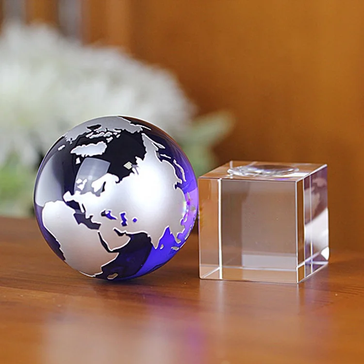 Exquisite blue crystal world globe and base