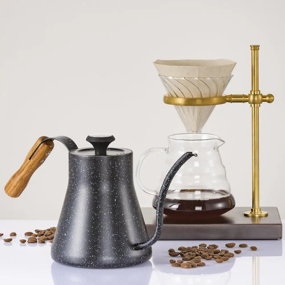 New Design Stainless Steel Gooseneck Pour Over Coffee Kettle  with Wood Hand and Thermometer