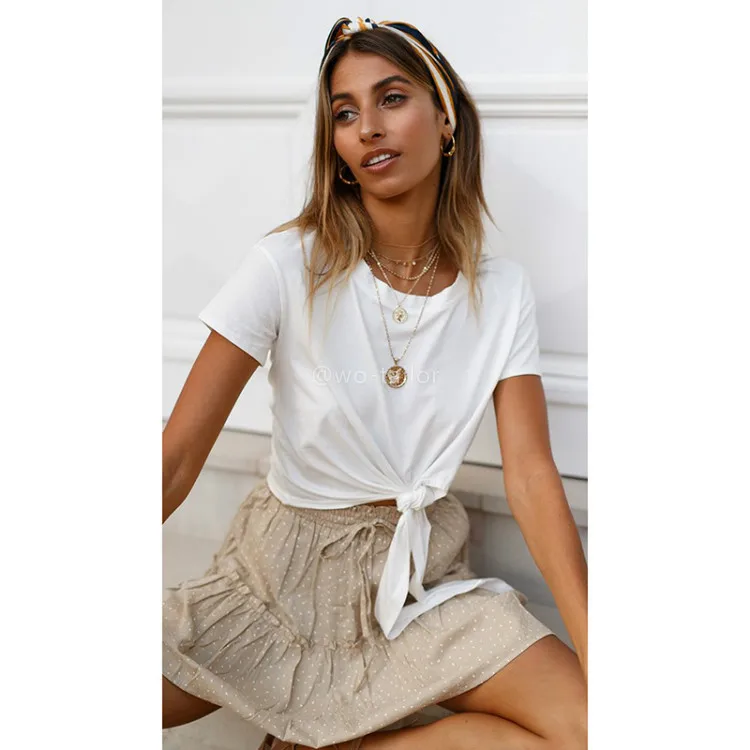 
Womens short sleeve tie front knot casual fitted top tee palin white t-shirt 