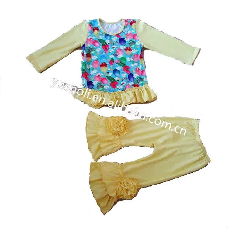 длинным рукавом прекрасный Сращивание желтый хлопок Пасхальный комплект одежды матч штаны с оборками для маленьких девочек бутик