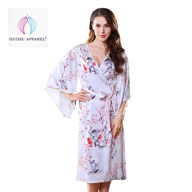 Womens long dressing gown robe printing night gown warm washable white cute silk hot pajamas robe for women
