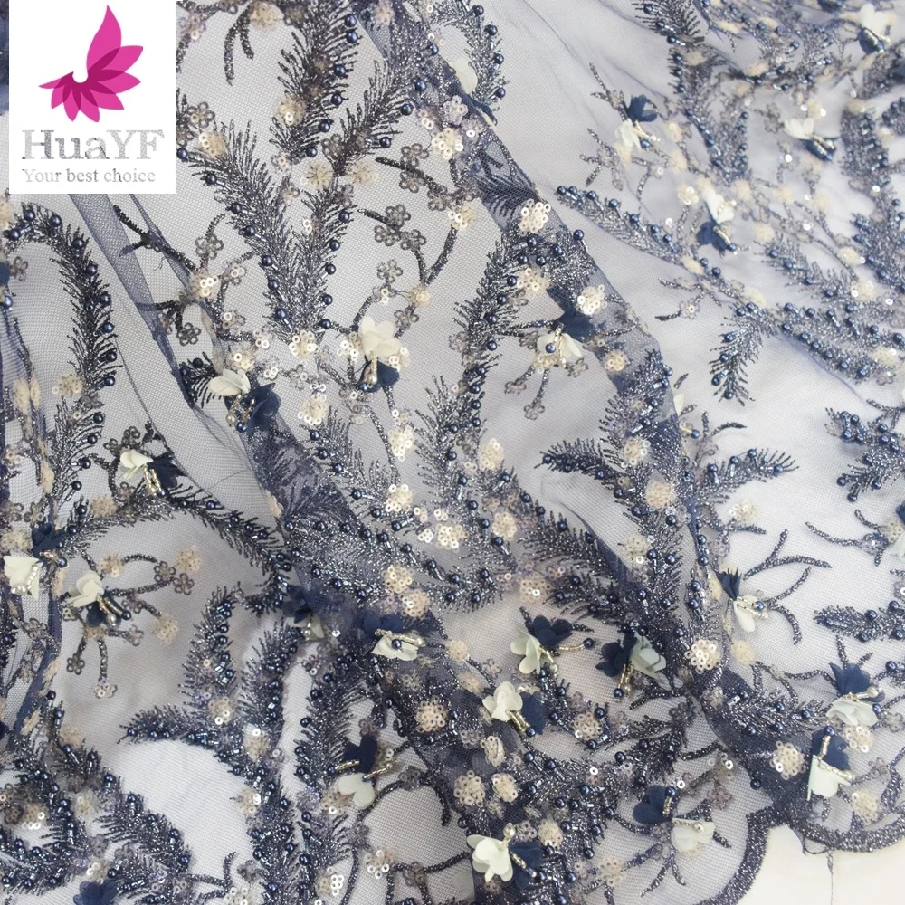 Fancy Nave Blue 3d flower beaded lace sequin Embroidery french net lace for summer evening dress HY1069-6