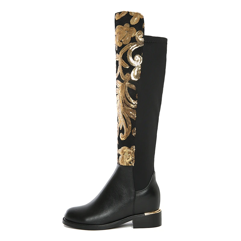 WETKISS Wholesale 2019 High End Fashion Gold Flower Real Leather Winter Womens Long Boots Knee High Leather Boots for Women