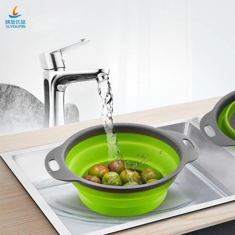 TPR Plastic Foldable Colander Sets Fruit Vegetable Washing Basket Strainer Collapsible Drainer With Handle