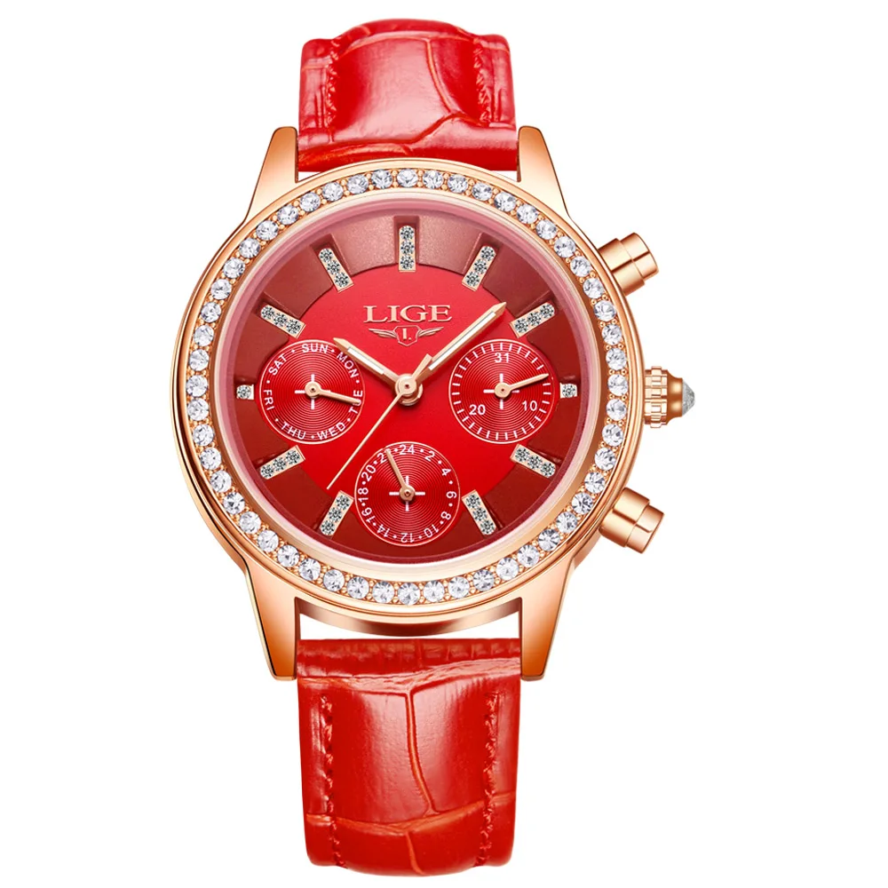 LIGE Luxury Brand Women Dress Watches Ladies Waterproof Leather Quartz Watch Woman Fashion Diamond watches