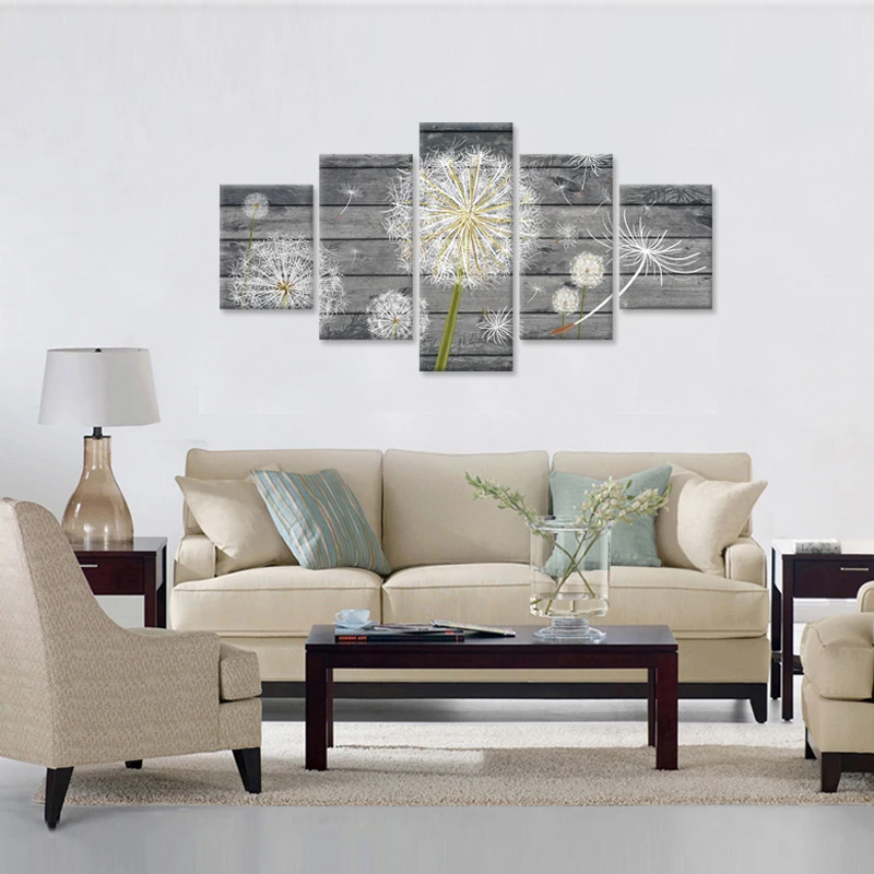 5 Панель Большой Холст стены книги по искусству Одуванчик белый цветок на Винтаж Серый дерево доска задний план деревенский стиль