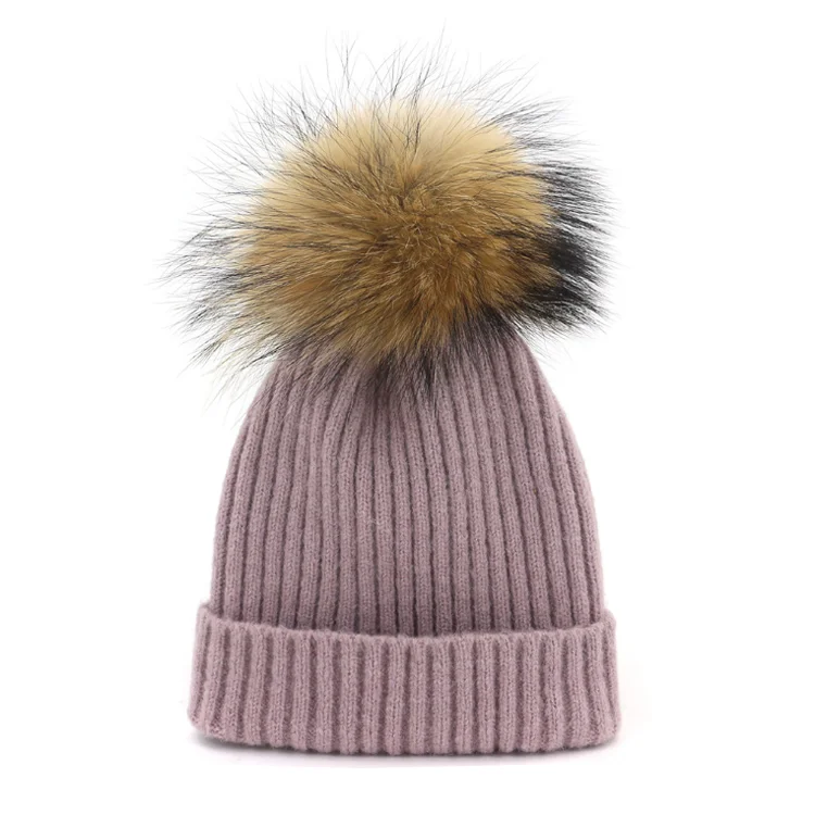 Custom real fur pom pom winter hat with detachable pompom beanie 100 soft acrylic ribbed beanie tuque