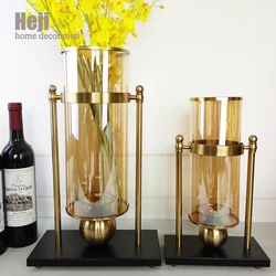 Large Modern Nordic Artistic Tall Trumpet Wedding Centerpiece Cylinder Glass Metal Flower Decoration Gold Vases For Home Decor
