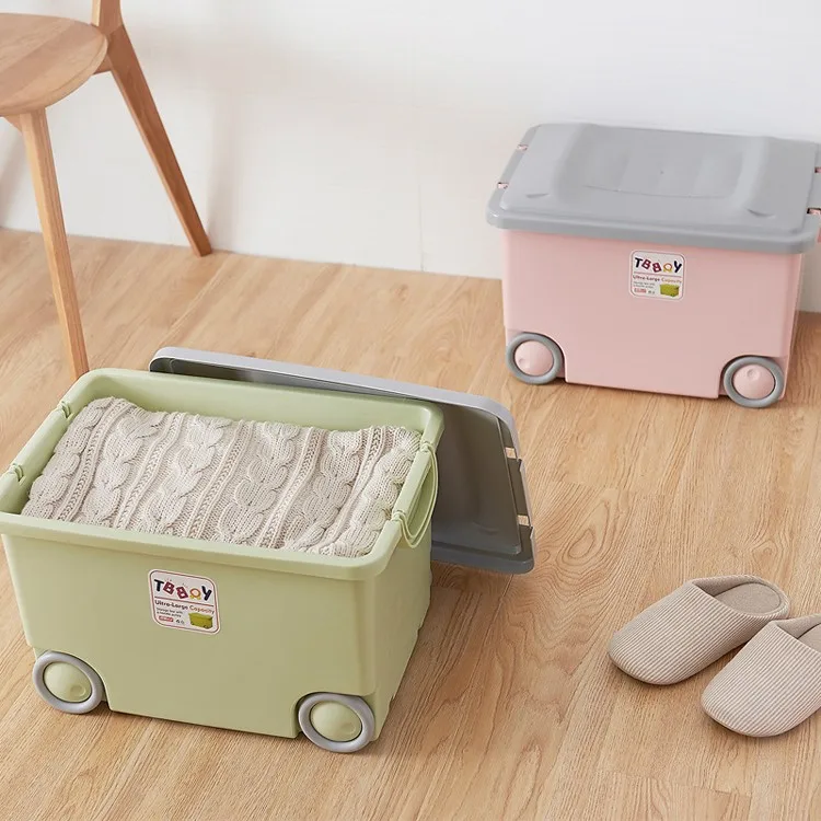 Factory made Plastic Storage Box With Wheels, Colorful storage container cartoon plastic toy storage box with wheel