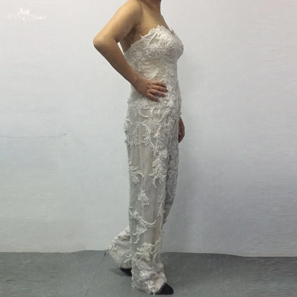 LZ286 Detachable Long Train Satin Wedding Dress Sweetheart Neckline Beaded Lace Luxury Dress 3-D Flowers Jumpsuit Women