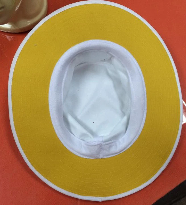Mens custom white 100% cotton twill with yellow lining with embroidered logo patch sewn on front wide brim cricket hat