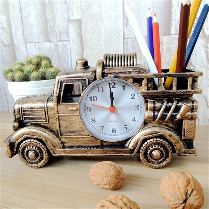 High Grade Fire Fighting Truck Shaped Antique Table Clock With Pen Box (62207614218)