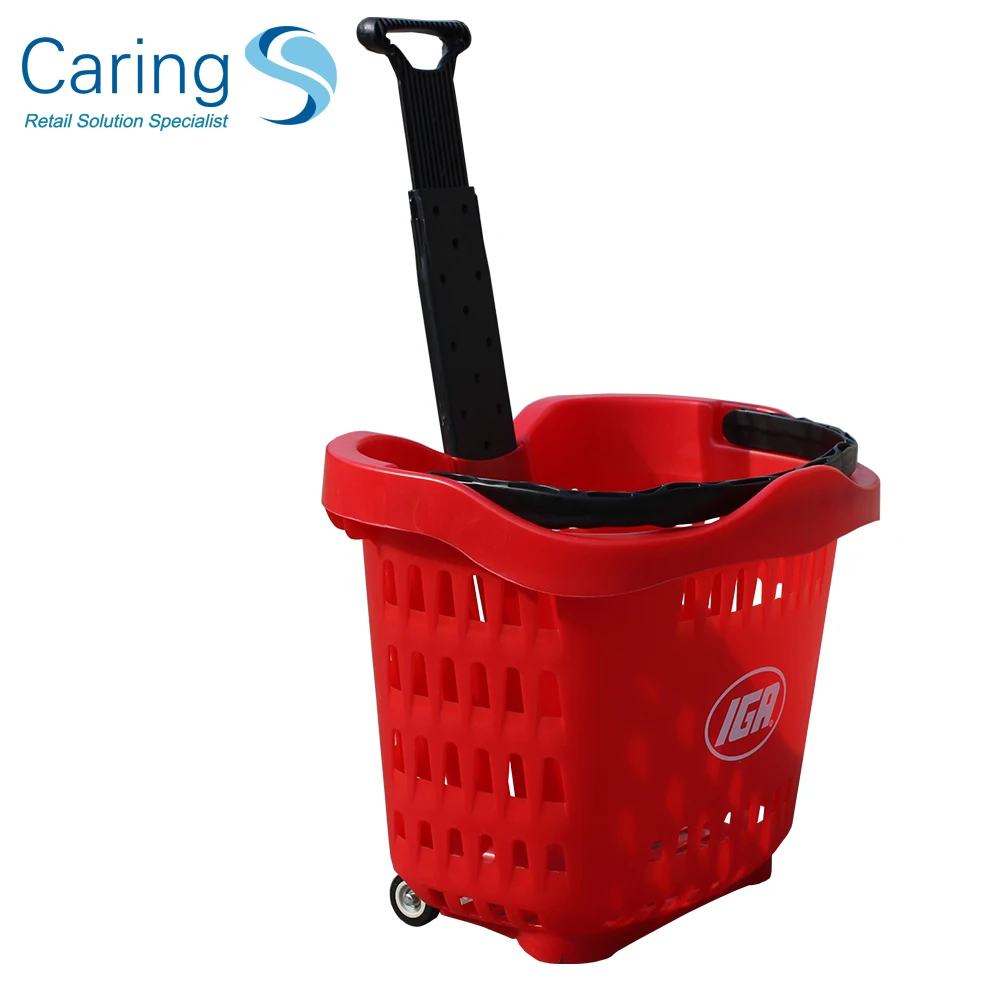 55Liters plastic shopping basket from china with 2 wheels 1 handle