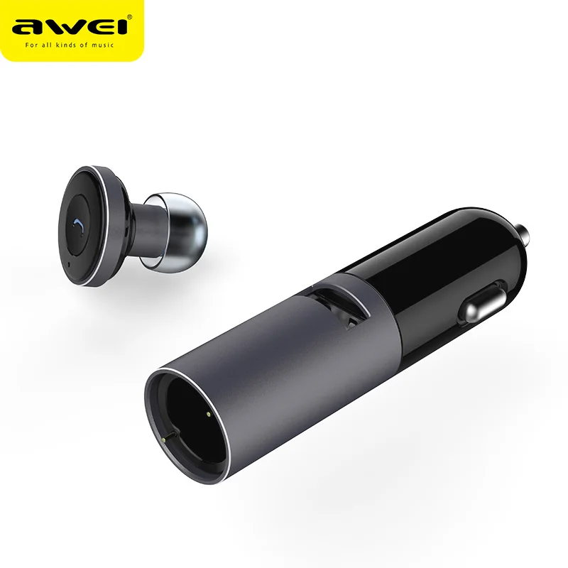 Newest 2 in 1 aluminum mini bluetooth wireless phone usb car charger with bluetooth earphone