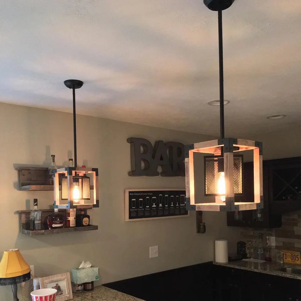 Industrial Retro rustic vintage antique loft iron fixtures hanging metal wooden rectangle chandelier pendant light for kitchen