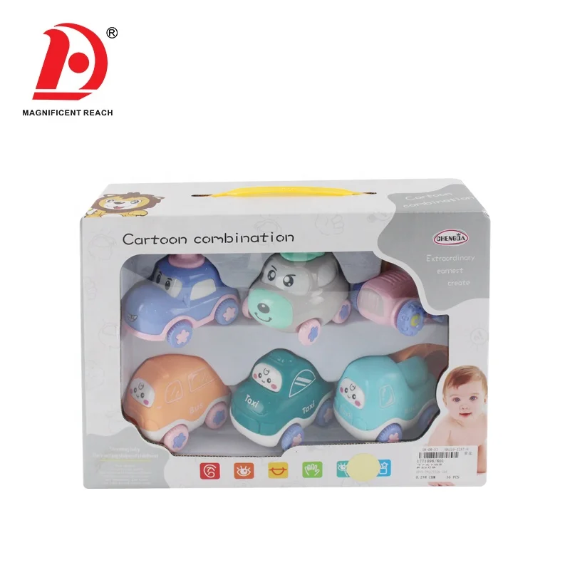 HUADA 6pcs Colorful Lovely Plastic Inertia Cartoon Friction Powered Pull Back Toy Car for Kid