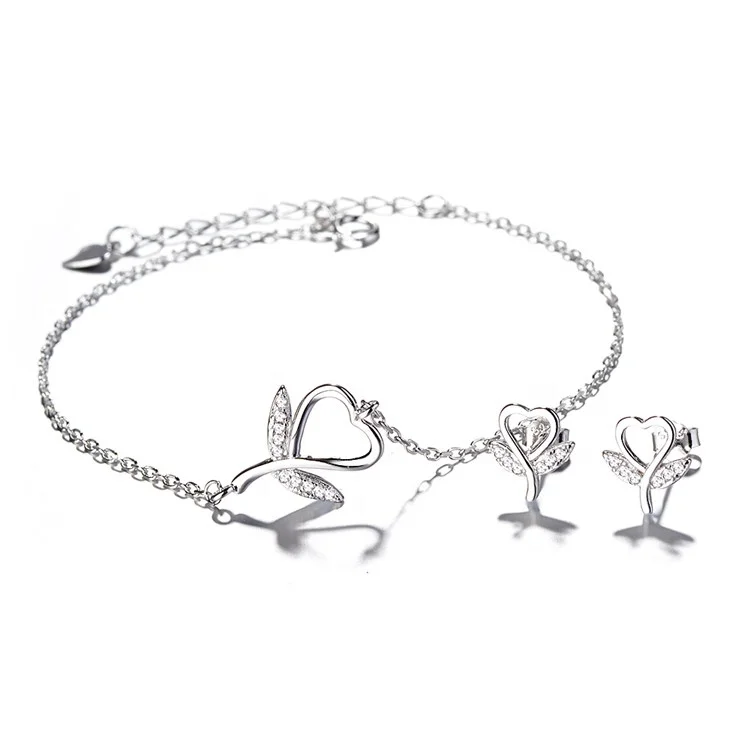 Latest Jewelry Heart 925 Sterling Silver Earrings Bracelet Jewelry Set