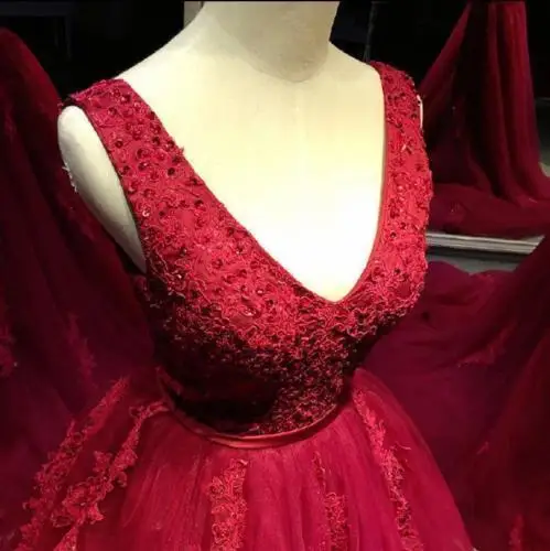 NE146 Wine Red Lace Robe De Soiree a Line Wedding Dresses Custom Made V-Neck Tulle Bridal Gown