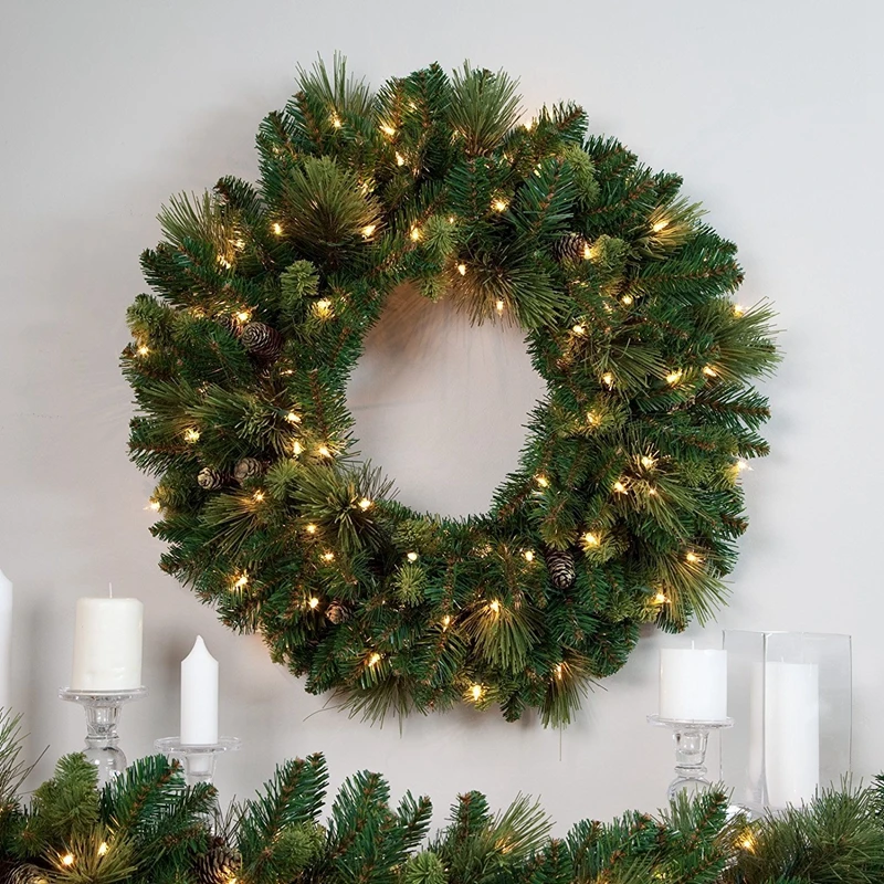 
Pre-Lit Canadian pine artificial Christmas wreath battery operated green pine needle and PVC mixed Christmas wreath 