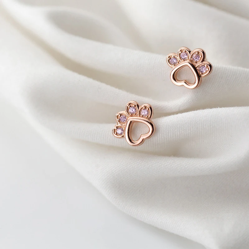 Silver 925 Fashion Cute Cubic Pink Zirconia Cat Claw Stud Earrings Luxury Designer Jewelry for Women