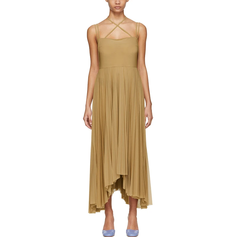 Wholesale Custom Brand Sleeveless Light Weight Mid-Length Pleated Criss-Cross Halter Pleated Tulle Yellow Evening Gown Dress