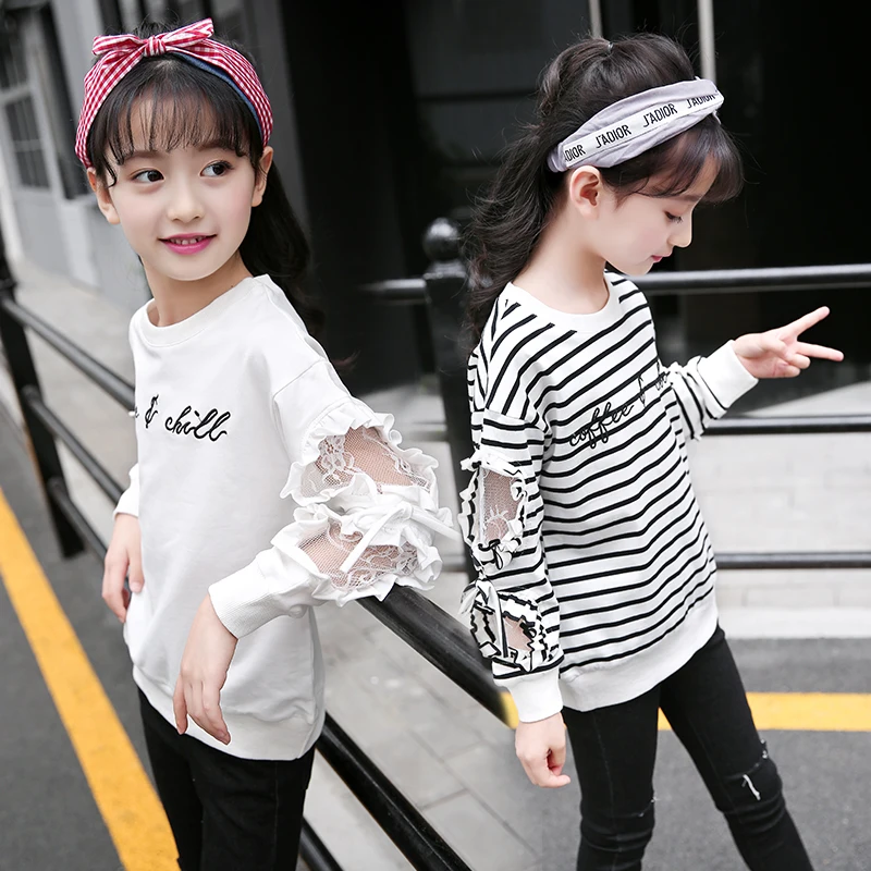 
Cotton Fabric Girls Boutique Long Sleeve T-shirt Embroidered Lace Kids Hoodies 