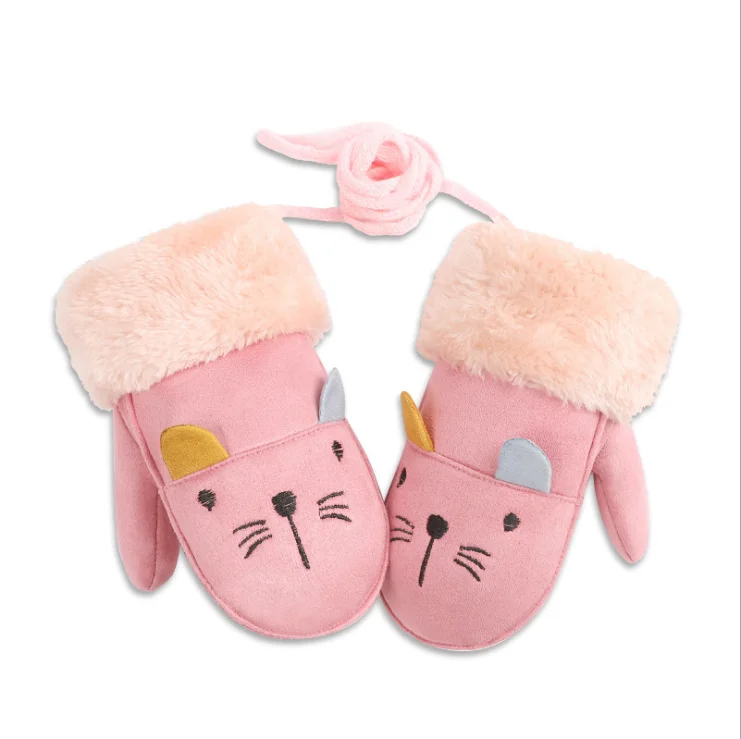 Winter Gloves Fingerless Kids Cartoon Knitted Stretch Warm Suede Fabric Full Finger Mittens Girls Boys Gloves