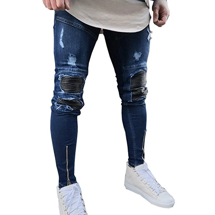 Мужские эластичные рваные облегающие байкерские джинсы, зауженные джинсовые штаны с резинкой, брюки-бермуды со складками, джинсы с вырезами на коленях