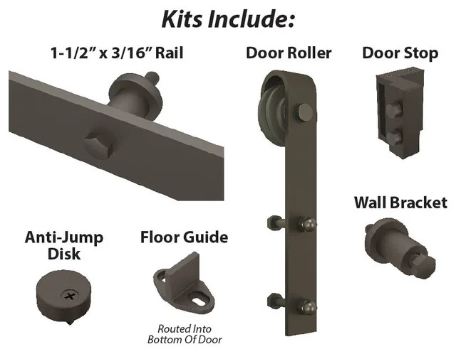 
Sliding door roller rail with door stop, floor guide, wall bracket used barn door hardware 