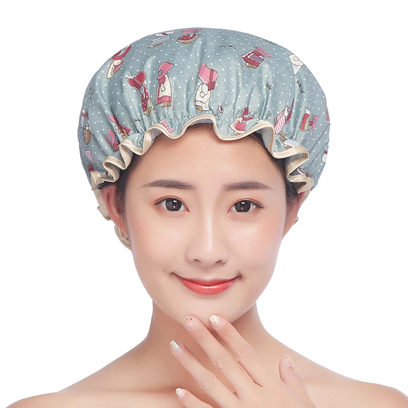 
Hot Sale Bath Hat Adult Resizable Double Layer Environmental Polyester Cotton Waterproof Shower Hat 