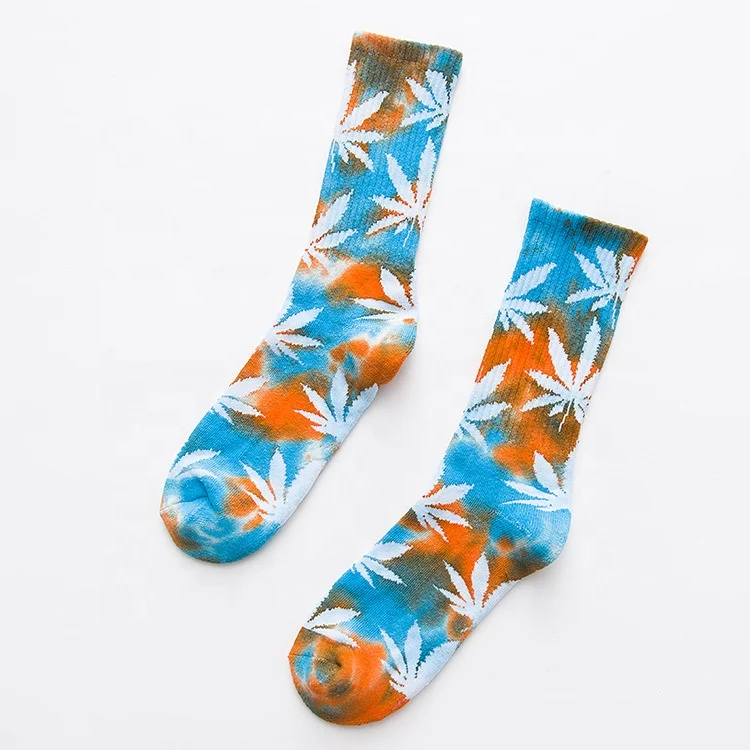 KANGYI Hiphop Sport Socks Custom Tie Dye Socks Maple Leaf Weed Fashion High Quality Cotton 10 Casual Pictures Knitted Men Socks
