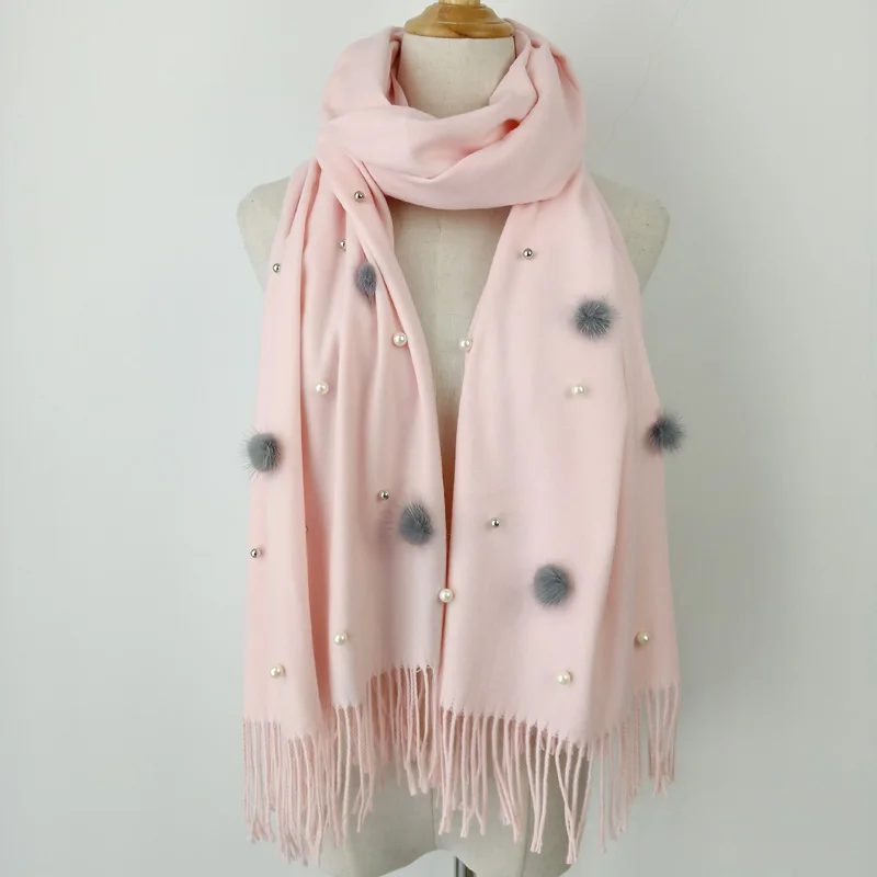 
Wholesale fashion female solid color imitated cashmere scarf with fashion pom poms pearls and tassel long scarf 