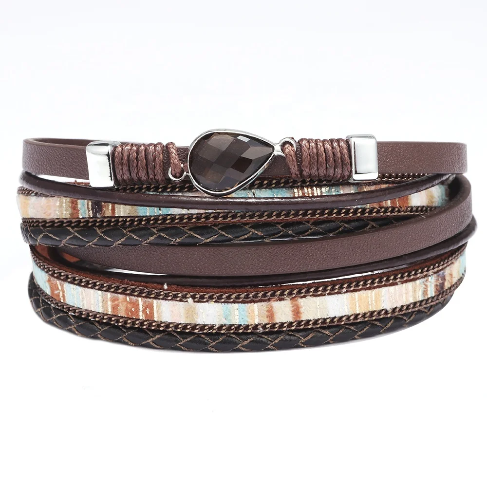 Bohemia crystal drop charm double wraps pu leather bracelets for women men magnetic clasp leather bracelet