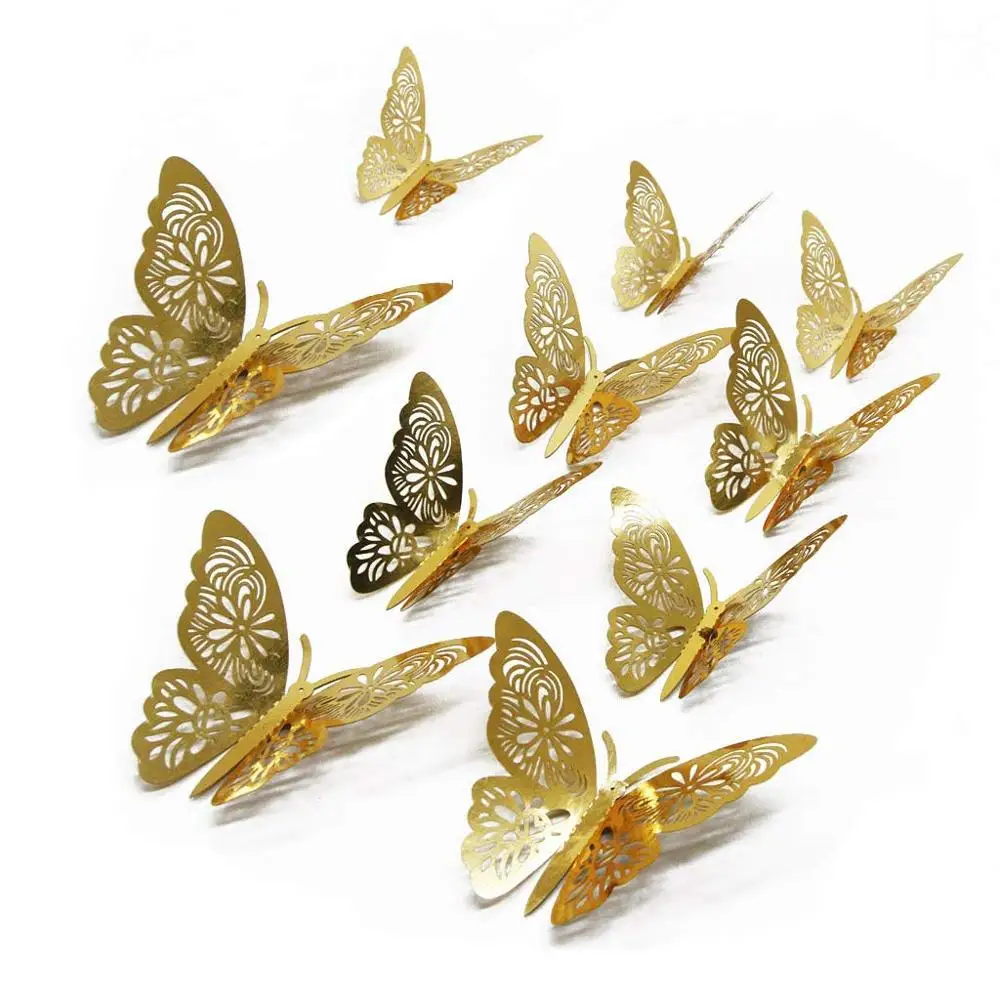 Gold Butterfly Decals Hollow-Out 3D Butterfly Stickers Glitter Art Murals for Wall or Party Decorations