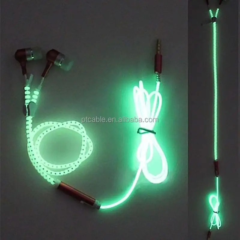 Hot Sale Glow In The Dark Earphones Glow Earbuds Metal Zipper Glowing Headset Luminous Light Stereo Handsfree With Mic