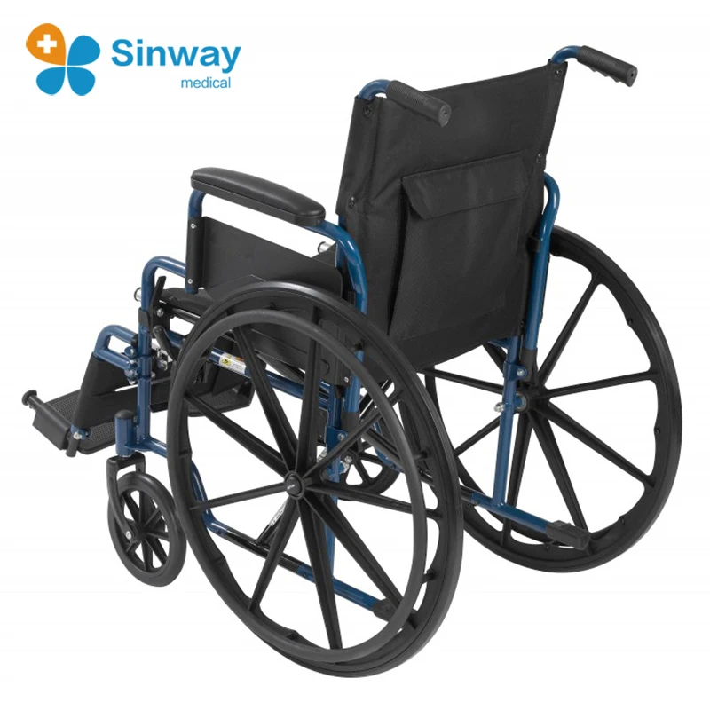 China Supplier Hospital Steel Blue Streak Wheelchair with Flip Back Desk Arms